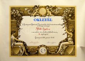 1941 Fodrászok ipartestülete: nagyméretű dekoratív oklevél (kis szakadás)