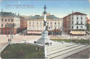 Lviv, Lwów, Lemberg; Kolumna Mickiewicza / Mickiewicz Monument / street view, monument, shops of Kazimierz Lewicki, A. Szalkiewicz (EK)