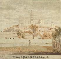 Pannonhalmai apátságot ábrázoló, Mons Pannoniae 1836 feliratos goblejn, jelzés nélkül, fa keretben, 64x71,5 cm