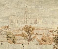 Pannonhalmai apátságot ábrázoló, Mons Pannoniae 1836 feliratos goblejn, jelzés nélkül, fa keretben, ...