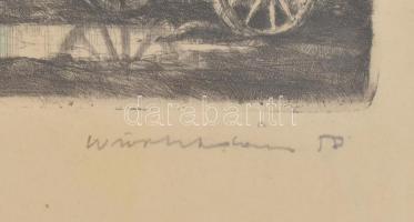 Würtz Ádám (1927-1994): Öreg udvar. Színezett rézkarc, papír, jelzett, 18×38 cm