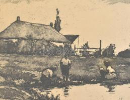 Artner Ferenc (1904-1981): Faluvég, rézkarc, papír, jelzett, üvegezett fa keretben, 29×39 cm