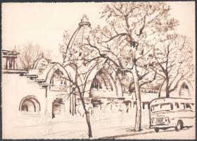 Sostarics Lajos (1896-1968): A budapesti állatkert bejárata (vázlat). Diópác, ceruza, papír, jelzés nélkül, 21,5x30,5 cm
