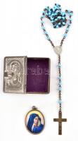 Vegyes kegytárgy tétel, 3 db: Szűz Mária medál, kis feszület rózsafüzérrel, fém tartóban, fém tartó:...
