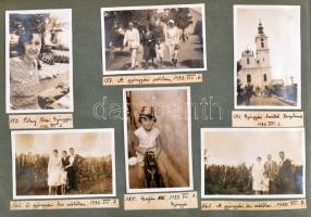 1929-1940 Családi fotóalbum kb. 270 db beragasztott képpel (Debrecen, Gyöngyös, Vác, Lillafüred, Balatonalmádi, stb.), 8×5 cm