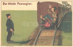 Der blinde Passagier / The stowaway. humour, train, litho (small tear)