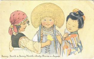 Sunny South & Snowy North - Italy, Russia & Japan. Dear Little Allies propaganda art postcard (EB)