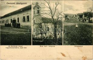 1929 Abaliget, Római katolikus templom, utca, Ifj. Reisinger József vegyeskereskedése, saját háza (szakadás / tear)