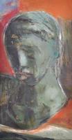 Bolgár József (1928-1986): Csendélet szoborral. Olaj, farost (utólagosan vágott?), jelzett, hátoldalán Artunion címkével, sérült (festék lepergéssel) 42×22 cm