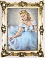 Diósi Sándor (1900-1949): Balerina kék ruhában. Pasztell, papír, jelzett. Díszes, kissé sérült üvege...