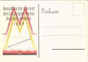 1928 Besuchen Sie uns auf der Leipziger Messe. Beginn 4. März / Leipzig Trade Fair advertising card s: Baus (EK)