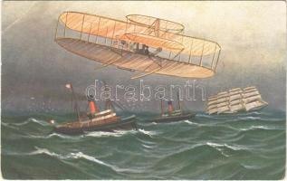 Aircraft, steamships, sailing vessel art postcard. F.E.D. Serie 1012. s: Alfred Jensen
