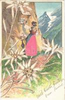 1904 Tyrolean folklore art postcard. Emb. litho