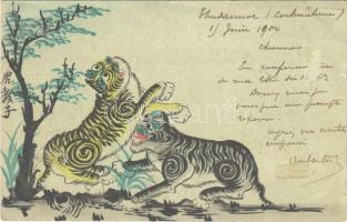 1904 Tigers. Asian style art postcard (ragasztónyom / glue marks)