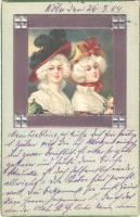1909 Baroque lady art postcard. Emb. litho frame (EK)