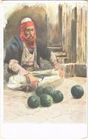 Types des environs de Raguse II. 6. Albanais vendant des pasteques / Albanian folklore in Dubrovnik (Ragusa), watermelon seller, art postcard s: J. Lalich (EK)