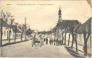 1915 Holics, Holic; Evangelische Pfarrkirche / Evangélikus plébánia, lovas szekér / Lutheran parish church, horse cart