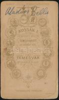 cca 1885 Aladics Bella portréja, keményhátú fotó Kossak József temesvári műterméből, 10,5×6,5 cm