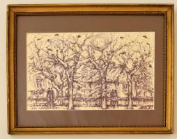 Mohácsi Regős Ferenc (1917-2003): Téli hangulat, filc, papír, jelzett, paszpartuban, üvegezett fa keretben, 13×20,5 cm