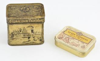 Nürnberg feliratú fém doboz, kopottas állapotban, 10x11x8 cm + State express London mixture feliratú fém doboz, enyhén kopottas állapotban, kisebb horpadásokkal, 11x8x2,5 cm