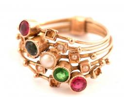 Arany (Au) 14K gyűrű, színes kövekkel és gyönggyel, hiányos berakás, jelzett, méret: 52, bruttó: 2,7 g