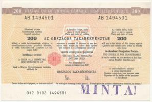 ~1980. Országos Takarékpénztár utazási csekk 200Ft-ról, MINTA bélyegzéssel T:I-
