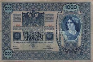 1902. 1000K piros "Magyarország" körbélyegzővel + 1000K mindkét oldal német nyelvű piros "Deutschösterreich" bélyegzővel T:II,II-