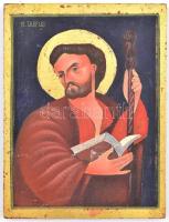 Jelzés nélkül: St. Tadeus. Kézzel festett, modern ikon, fa hordozón, kopásnyomokkal, 22×16 cm