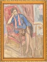 Vidéky Brigitta (1911-2017): Nő karosszékben. Vegyes technika, karton, jelzett. Hátoldalán feliratoz...