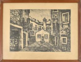 Imre István (1918-1983): Rovinj. Rézkarc, papír, jelzett, üvegezett keretben, 29×39 cm / István Imre: Rovinj (Rovigno). Etching, paper, framed, 29×39 cm