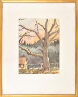 Stefan Guth jelzéssel: Téli naplemente. Akvarell, papír, üvegezett fa keretben, 29×21,5 cm