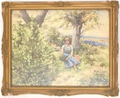 Bereczk K. jelzéssel: Virágok közt. Akvarell, papír. Díszes, sérült üvegezett keretben, 40×50 cm