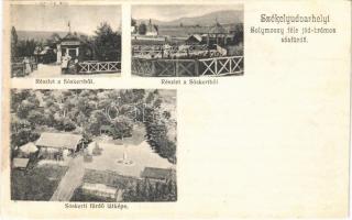 1904 Székelyudvarhely, Odorheiu Secuiesc; Solymossy féle jód-brómos sósfürdő, részlet a sóskertből, jegykiadás, fürdő látképe / spa, salt bath, ticket office, general view (r)