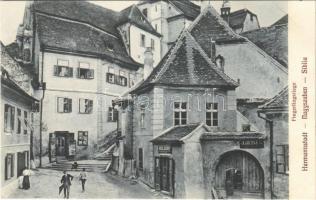 Nagyszeben, Hermannstadt, Sibiu; Fingerlingstiege / utca, J. Reiner, Weis József üzlete. Verl. d. Buchh. G. A. Seraphin. Lichtdruck v. Jos. Drotleff / street view, shops