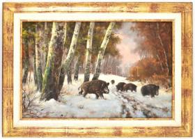 Bóna Jenő (1962-): Vaddisznók (Turkálók). Olaj, farost, jelzett, fa keretben, hátoldalán címkén feli...