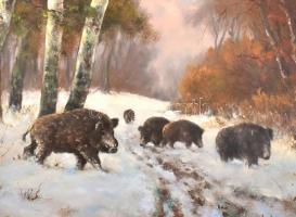 Bóna Jenő (1962-): Vaddisznók (Turkálók). Olaj, farost, jelzett, fa keretben, hátoldalán címkén feli...