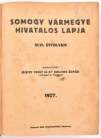 1927 Somogy vármegye hivatalos lapja. Majdnem teljes XLVII. évf. 1-33. 35-52 sz. Szerk.: Mocsy Zsolt, Dr. Halmos Árpád. Kaposvár, Fenyves Béla-ny., XXXVIII+796. Félvászon-kötésben, intézményi bélyegzővel.