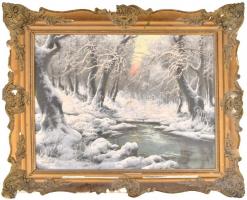 Pogány B jelzéssel: Havas erdő. Olaj, vászon. Díszes, sérült neobarokk stílusú keretben, 60x81 cm
