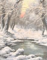 Pogány B jelzéssel: Havas erdő. Olaj, vászon. Díszes, sérült neobarokk stílusú keretben, 60x81 cm