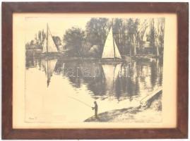Kiss Terézia (1928- ): Horgász. Rézkarc, papír, jelzett, üvegezett fa keretben, 29×38 cm
