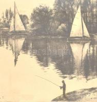 Kiss Terézia (1928- ): Horgász. Rézkarc, papír, jelzett, üvegezett fa keretben, 29×38 cm