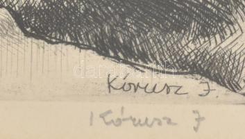 Kórusz József (1927-2010): Udvar. Rézkarc, papír, jelzett, üvegezett fa keretben, 29×39 cm