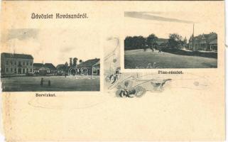 1914 Kovászna, Covasna; Borvízkút, Szabó nyomda, Piac részlet, üzlet. Bogdán F. fényképész / spring well, printing house, shops, market (vágott / cut)