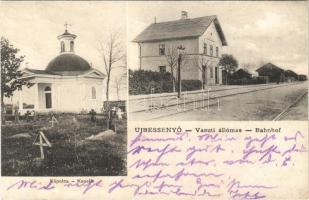 1909 Újbesenyő, Újbessenyő, Besenova Noua, Dudestii Noi; Kapelle, Bahnhof / Kápolna, Vasútállomás. Wagner Péter kiadása / chapel, railway station (r)