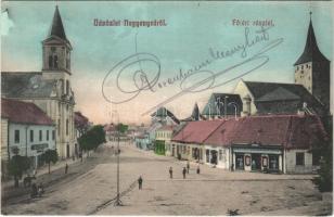 1914 Nagyenyed, Aiud; Fő tér, Gyógyszertár, üzletek, templomok. Földes Ede kiadása / Hauptplatz / main square, pharmacy, shops, churches (EK)