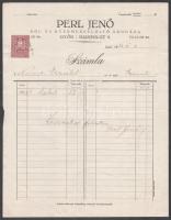 1933 Győr, Perl Jenő Női- és Gyermekfelöltő Áruháza fejléces számlája, okmánybélyeggel, alján szakadással