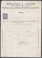 1928 Győr, Baumel J. Új és Használt Bútor Kereskedésének fejléces számlája, okmánybélyeggel