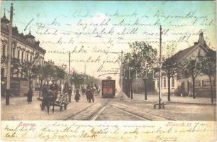 1910 Sopron, Kossuth út, villamos, lovaskocsi, Varga és Dukász üzlete (EK)