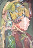 Krizbai Sándor (1949-): Női portré, 2013. Olaj, vászon, jelzett, hátoldalán autográf felirattal. 70x50 cm. / Sándor Krizbai (1949-): Portrait of a lady. Oil on canvas, signed. 70x50 cm