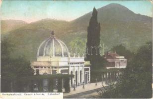 1914 Herkulesfürdő, Baile Herculane; vasútállomás. Krizsány Vilmos kiadása / Bahnhof / railway station (EK)